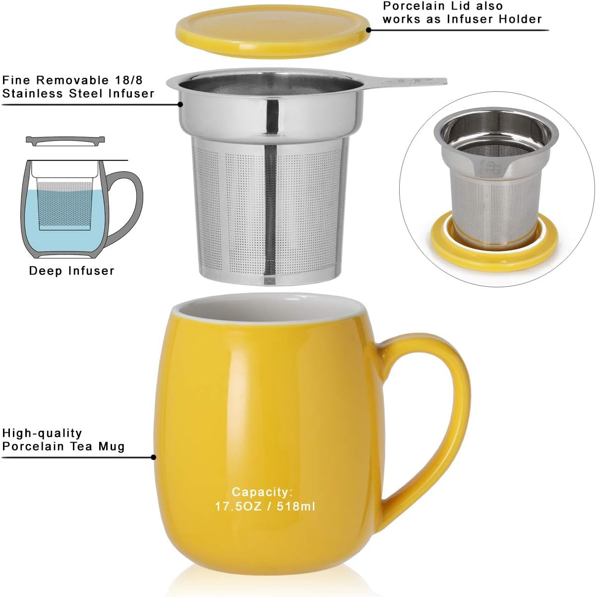 Peacehome Tea Cup Infuser Lid: 17.5 OZ Large Ceramic Tea Mug with Strainer & Cover for Steeping Cup of Hot Tea or Coffee - Fine Porcelain Infuser Tea Mug Set for Work Life Gift (Yellow)